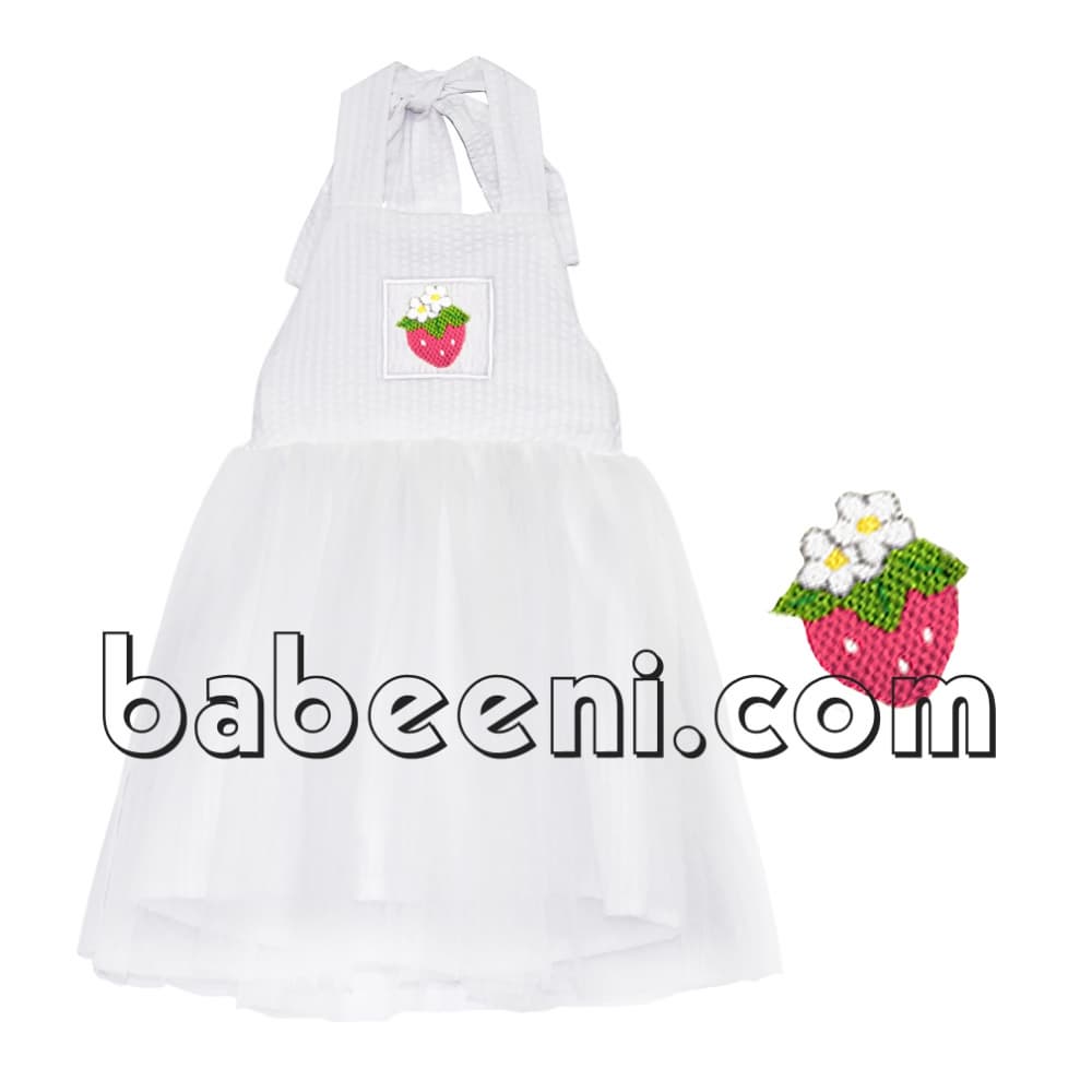 White tutu smocked dress with lovely strawberry pattern